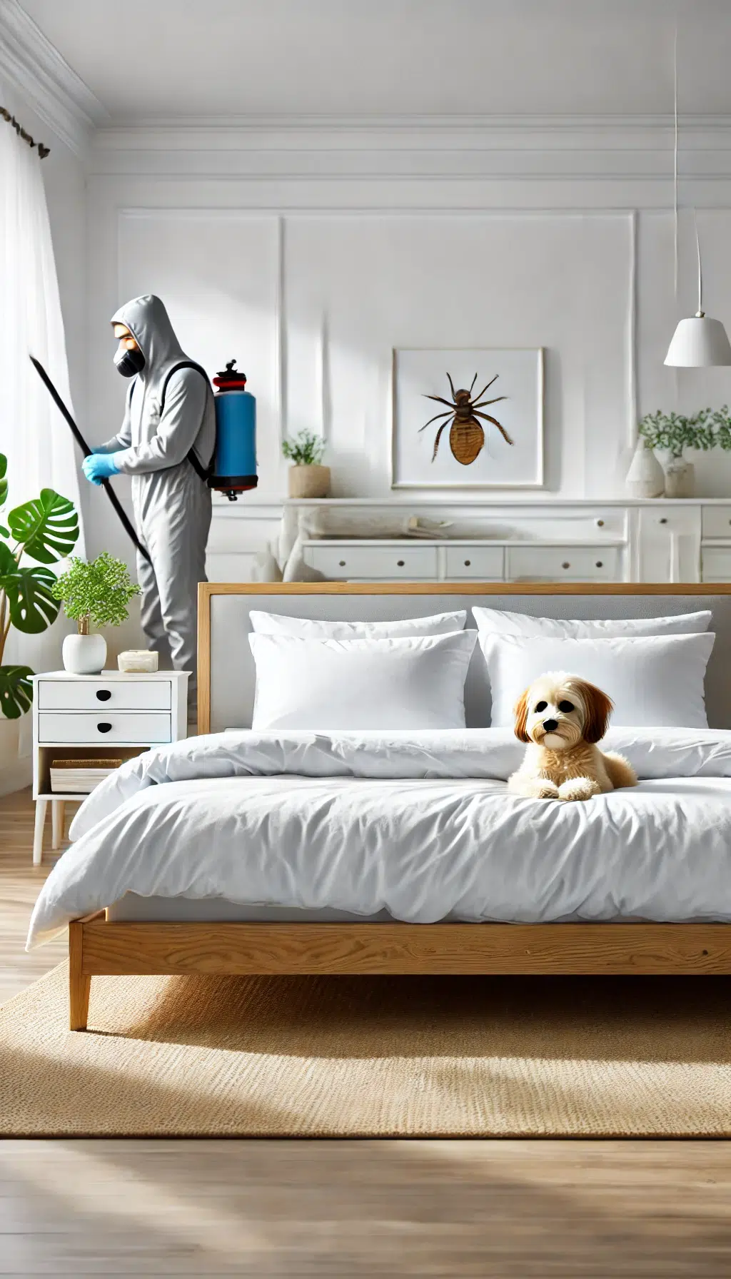 A clean, modern bedroom with natural lighting featuring a neatly made bed with crisp, white sheets and minimalistic decor. The focus is on the bed, co