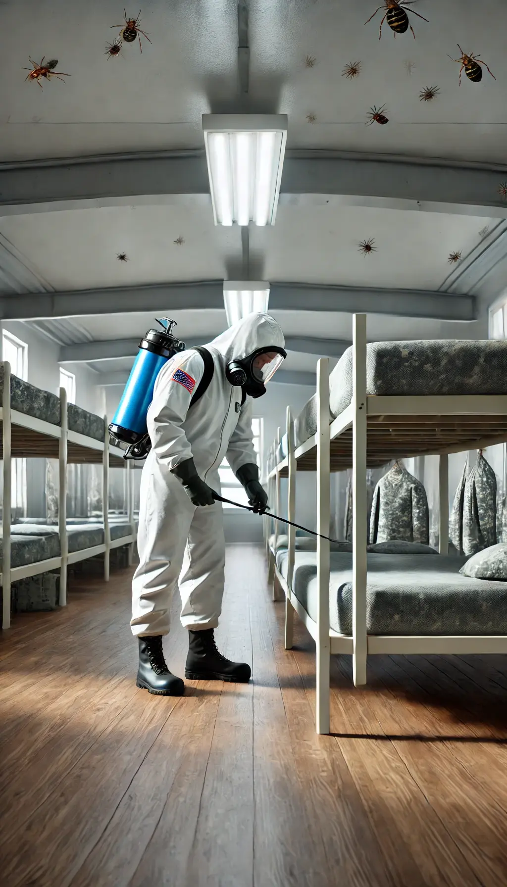 DALL·E 2024 08 27 15.38.00 A highly realistic image of a professional exterminator in protective gear, inspecting a bed in a military barracks setting. The environment should re